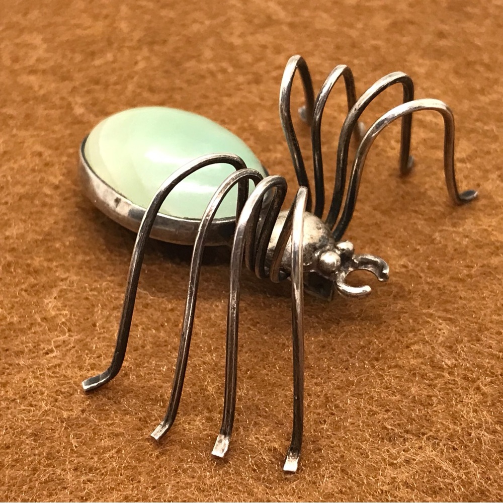 Vintage Mexico silver and jade spider brooch.
